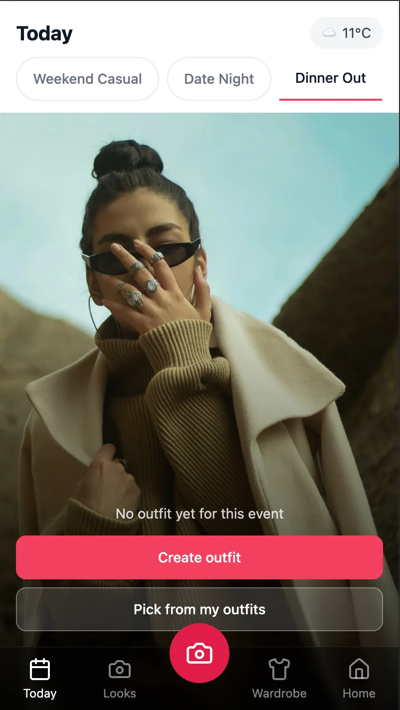 Klaed Today screen — pick your occasion and Klaed factors in the weather
