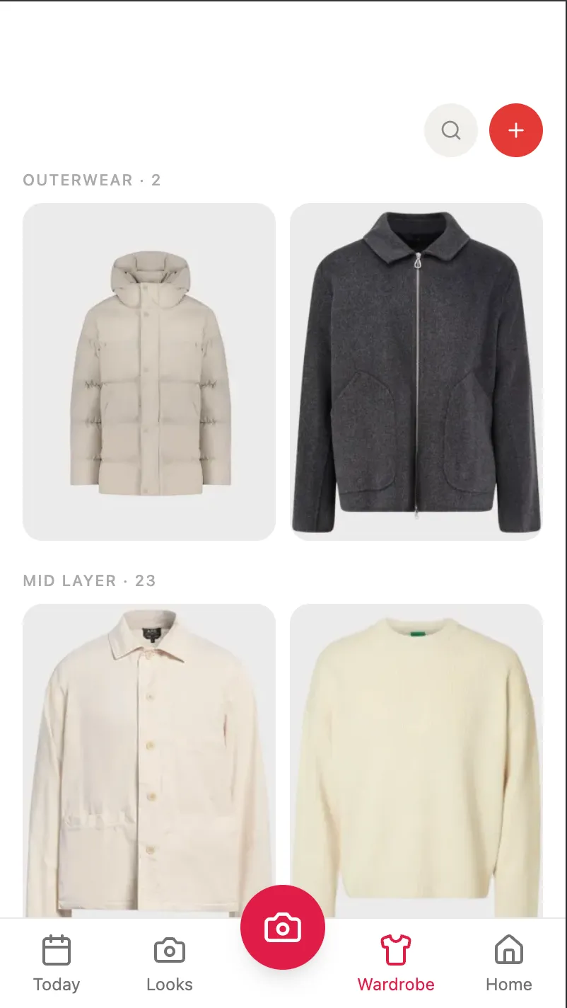 Klaed wardrobe screen — your clothes digitized and sorted by category